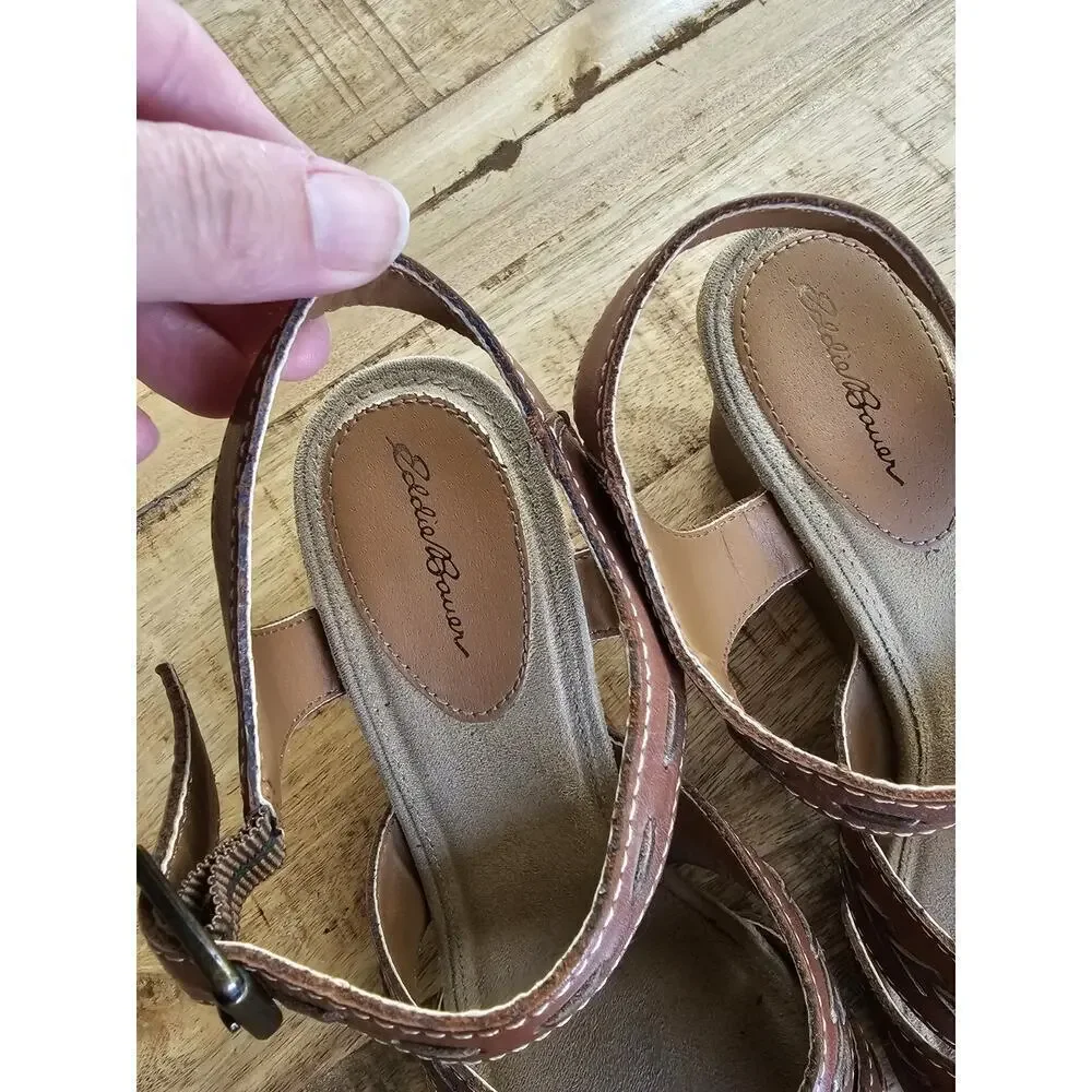 Eddie Bauer Sandals Women's Wedge Leather‎ 9 Stitched Bohemian Beach Vacation